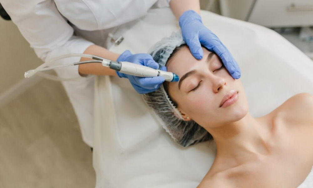 view from rejuvenation beautiful woman enjoying cosmetology procedures beauty salon dermatology hands blue glows healthcare therapy botox 1 1024x683 1