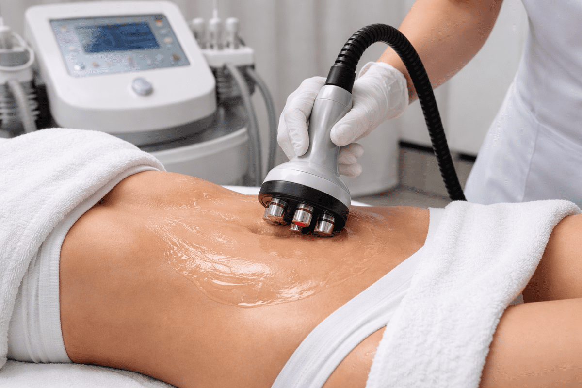 Provider applying radiofrequency handpiece to patient's abdomen during a session focused on maintaining Quantum RF results long term