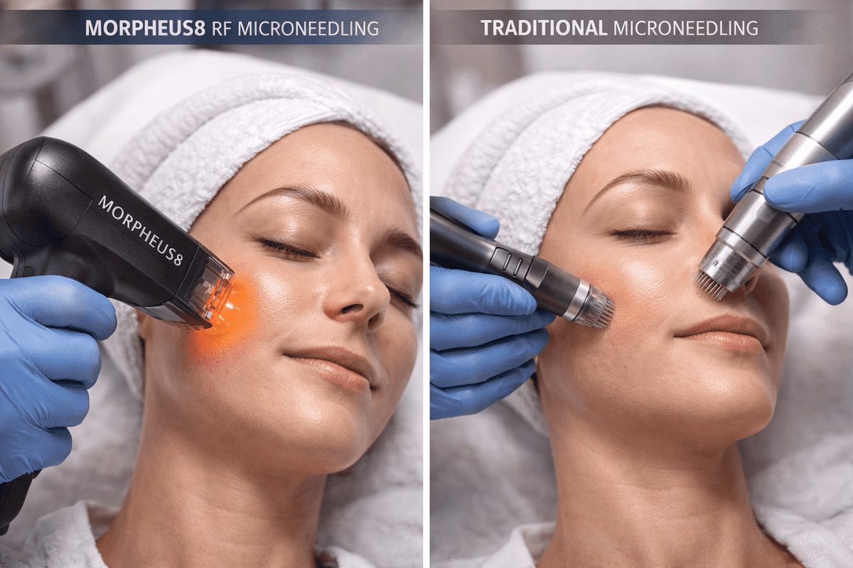 Side-by-side comparison of Morpheus8 RF microneedling vs microneedling treatment devices used on a patient's face