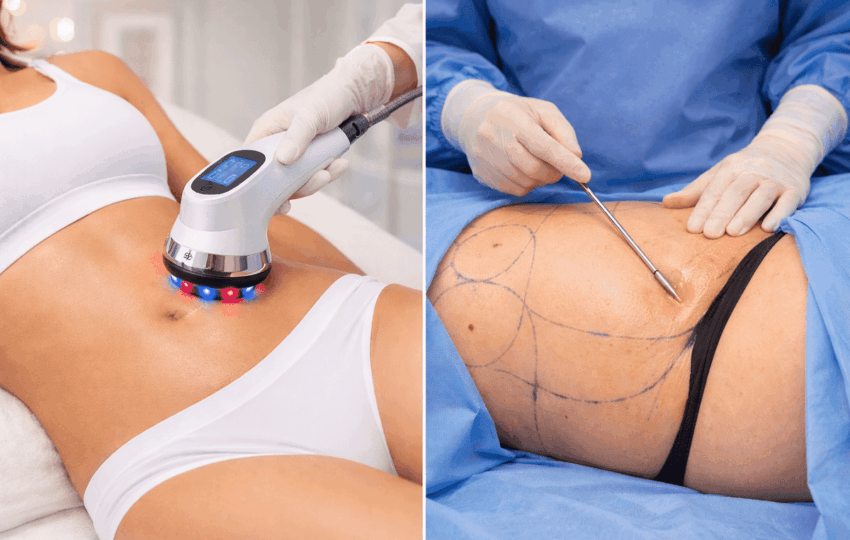 Quantum RF vs. Traditional Liposuction: Which One Is Right for You? 1 Quantum RF vs liposuction side-by-side comparison showing non-surgical RF body contouring device and traditional liposuction cannula procedure on the abdomen