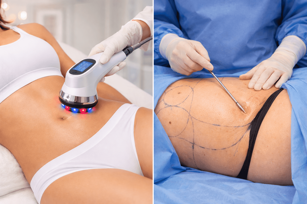 Quantum RF vs liposuction side-by-side comparison showing non-surgical RF body contouring device and traditional liposuction cannula procedure on the abdomen
