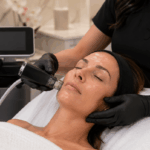 Provider applying a Morpheus8 RF handpiece to a patient's cheek in a clinical setting showing Quantum RF facelift alternative for non-surgical facial lifting
