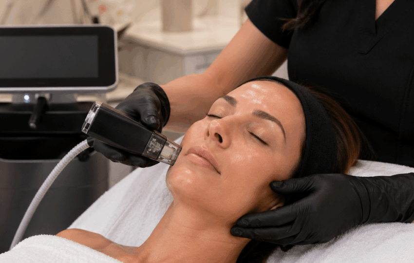 Quantum RF for the Face: Can It Replace a Facelift? 3 Provider applying a Morpheus8 RF handpiece to a patient's cheek in a clinical setting showing Quantum RF facelift alternative for non-surgical facial lifting