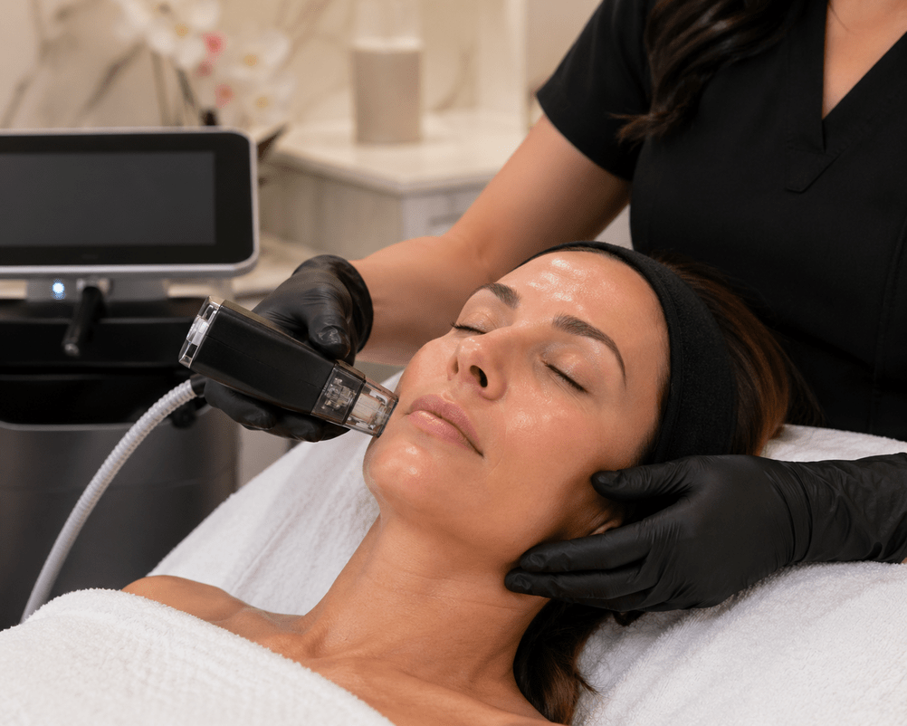 Provider applying a Morpheus8 RF handpiece to a patient's cheek in a clinical setting showing Quantum RF facelift alternative for non-surgical facial lifting