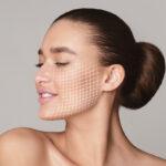 Woman with closed eyes and a digital grid overlay on her face illustrating whether does Morpheus8 hurt during RF microneedling skin tightening treatment