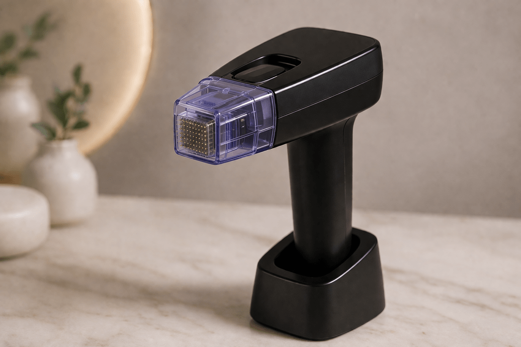 Morpheus8 RF microneedling device with needle cartridge on a marble surface representing how many Morpheus8 sessions are needed for optimal treatment results