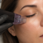 Close-up of a Morpheus8 RF microneedling handpiece positioned near the lower eyelid of a female patient during a Morpheus8 under eye treatment session