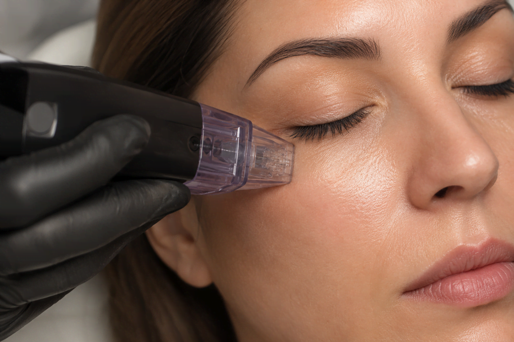 Can Morpheus8 Help With Under-Eye Bags and Dark Circles? 5 Close-up of a Morpheus8 RF microneedling handpiece positioned near the lower eyelid of a female patient during a Morpheus8 under eye treatment session