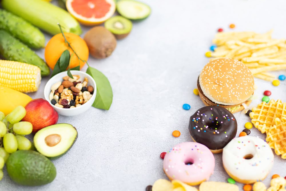 What to Eat and Avoid After Morpheus8 to Get Better Results 1 Side-by-side comparison of whole fruits, vegetables, and nuts on the left versus processed junk food on the right representing what to eat after Morpheus8 for better healing and collagen production