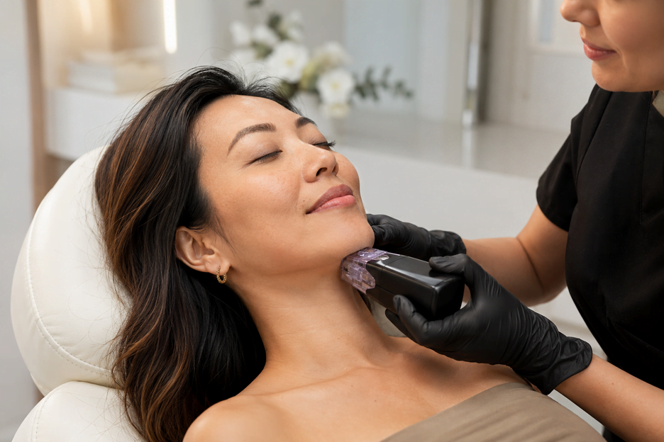 Provider performing Quantum RF treatment in Arlington TX targeting jawline and neck area at Medi-Elite Health and Wellness Bedford
