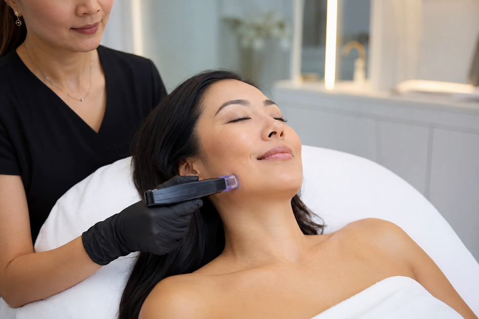 Provider applying Morpheus8 RF microneedling handpiece to patient cheek for Morpheus8 treatment in Irving TX at Medi-Elite Health and Wellness