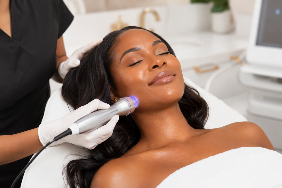 Provider performing Morpheus8 treatment in Arlington TX on patient cheek and jawline at Medi-Elite Health and Wellness Bedford office