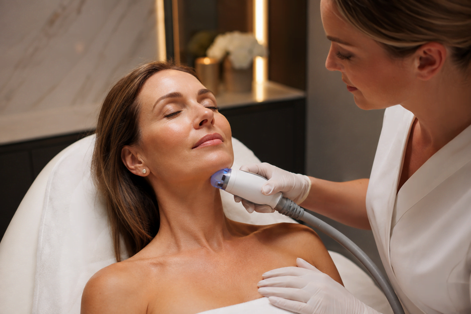 Provider performing Quantum RF treatment in Irving TX on patient jawline at Medi-Elite Health and Wellness Bedford office